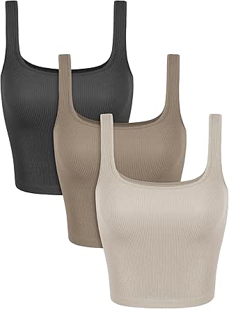 ODODOS 3-Pack Seamless Square Neck Crop Tank for Women Ribbed Knit Soft Low Back Cropped Tops