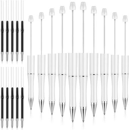 10 Pieces Plastic Beadable Pen Bead Ballpoint Pen Assorted Bead Pen Shaft Black Ink Rollerball Pen with Extra Refills for Kids Students Office School Supplies (White)