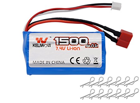 KELIWOW 7.4V 1500mAH 2S 25C Rechargeable Lithium Battery for 1/12 Scale Remote Control Vehicle T Plug for KW-C01/C02/C03/C04/C05