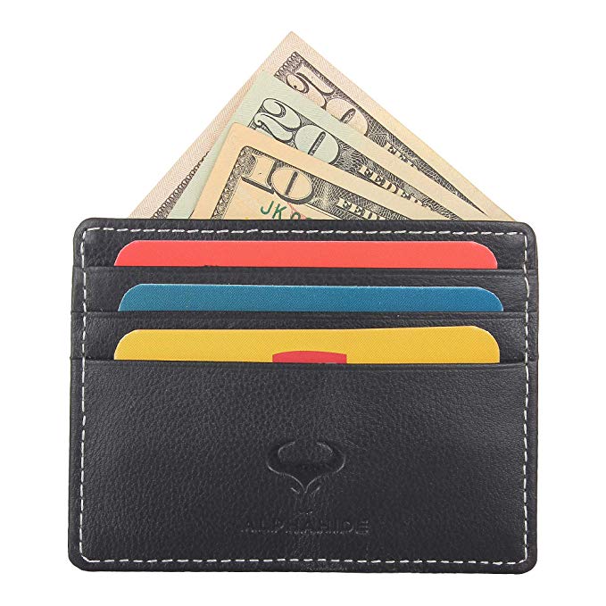 Real Leather Credit Card Holder - Ultra Thin Design - Front Pocket Wallet - RFID (Jet Black)