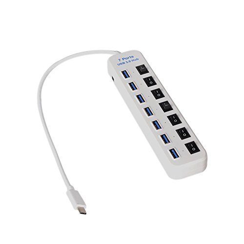 Top-Longer USB 3.1 Type C Reversible Design USB 3.1 Type-C male Multiple 7 Port USB 3.0 Hub Adapter With Individual Power Switches for Apple New Macbook 12 Inch, Chromebook Pixel, Surface Pro 4 etc.,Tablet, Mobile Phone and Other Type-C Supported Devices (White)