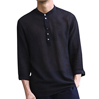 Karlywindow Mens Long Sleeve Henley Shirt Cotton Linen Beach Yoga Loose Fit Henleys Tops