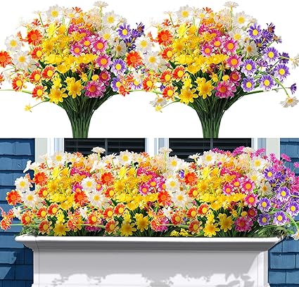 Linkstyle Artificial Daisies Flowers, 10 Bundles Fake Mums Outdoor Plants with Fake Flowers, UV Resistant No Fade Plastic Faux Daisy Flower Farmhouse Plants Shrubs for Garden Window Home Decoration