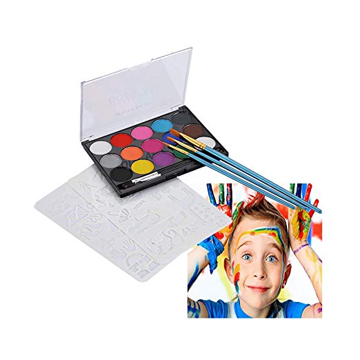 CADITEX Face Paint Set for Kids, 15 Colour Kit with 40 Stencils, 5 Brushes, Professional Quality Face Painting Party Palette. Safe Non-Toxic, Easily Removable