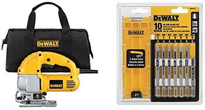 DEWALT DW317K 5.5 Amp Top Handle Jig Saw Kit with DEWALT DW3741C 10-Piece T-Shank Jig Saw Blade Set w/Case