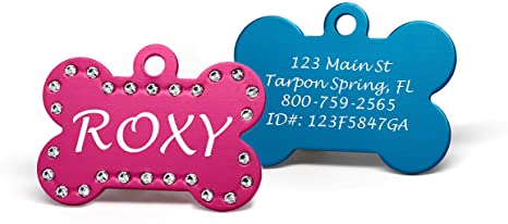 Providence Engraving Custom Engraved Pet ID Tags with Swarovski Crystals - Personalized Anodized Aluminum Bone-Shaped Dog Tag or Cat Available in 5 Vibrant Colors