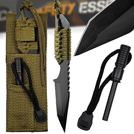 Tactical Safety Essentials 7.5" Tanto Fixed Blade Knife Survival Paracord   Magnesium Firestarter