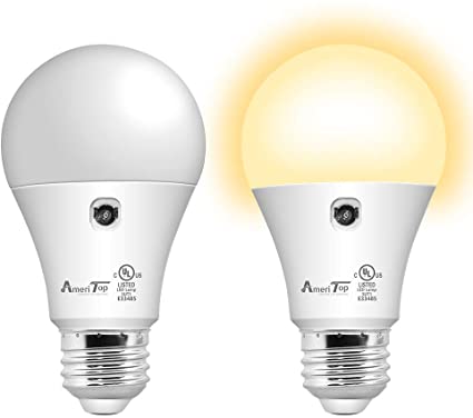 Dusk-to-Dawn Light Bulb-2 Pack , AmeriTop A19 LED Sensor Light Bulbs; UL Listed, Automatic On/Off, 800 Lumen, 10W(60Watt Equivalent), E26 Base, 3000K Warm White, Indoor/Outdoor Lighting Bulb