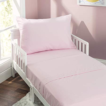EVERYDAY KIDS 3 Piece Toddler Sheet Set - Soft Microfiber, Breathable and Hypoallergenic Toddler Bedding - Includes a Flat Sheet, a Fitted Sheet and a Pillowcase - Solid Pink