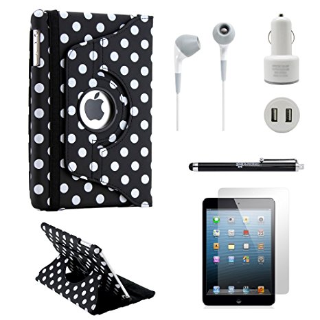Gearonic iPad Mini 5-in-1 Accessories Bundle Black PolkaDot Rotating Case Business Travel Combo