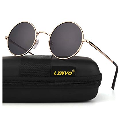 LINVO Retro Round Circle John Lennon Polarized Sunglasses Hippie for Men Women