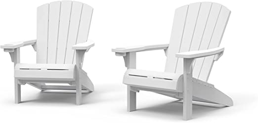 Keter Alpine Adirondack 2 Pack Resin Outdoor Furniture Patio Chairs with Cup Holder Perfect for Beach, Pool, and Fire Pit Seating, White
