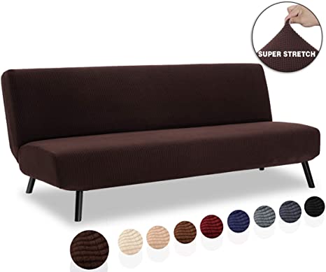 TIANSHU Armless Sofa Cover, Stretch Sofa Bed Cover , Anti-Slip Protector for Couch Without Armrests, Spandex Jacquard Fabric Slipcover Futon Cover (Futon, Chocolate)