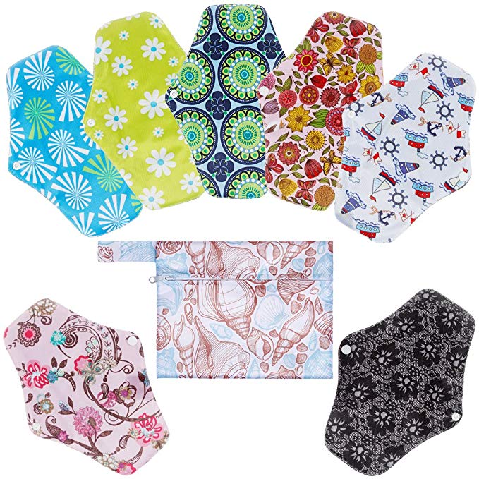 Rovtop Reusable Sanitary Towels Pads(7 in 1, 25.4cm), Panty Liners with Wet Bag,Heavy Flow Night Washable Cloth Menstrual Sanitary Towels