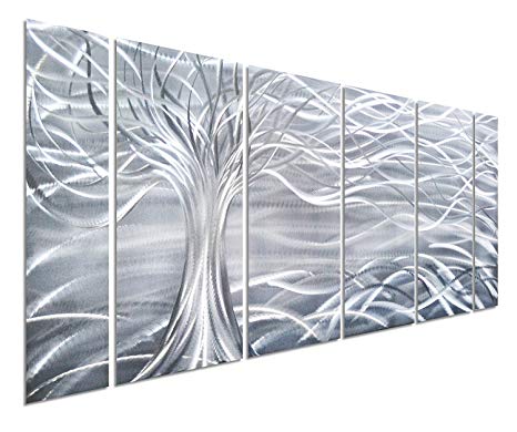 Pure Art Willow Tree of Life Metal Wall Art, Abstract Silver Sculpture Decor 3D Wall Art for Modern and Contemporary Decor, 6-Panels 24"x 65" for Indoor and Outdoor Spaces, Handmade Original Design