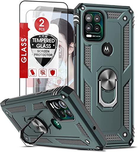 Moto G Stylus 5G Case, Motorola G Stylus 5G Case with [2 Pack] Tempered Glass Screen Protector, LeYi [Military Grade] Protective Phone Case Cover with Kickstand Ring for Motorola G Stylus 5G, Green