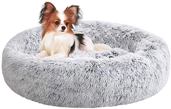 Long Plush Comfy Calming & Self-Warming Bed for Cat & Dog, Anti Anxiety, Furry, Soothing, Fluffy, Washable, Abbyspace, Marshmellow Pet Donut Bed (XXL(45''D×9''H), Light Grey)