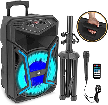 Portable Bluetooth PA Speaker System - 1200W Outdoor Bluetooth Speaker Portable PA System w/ Microphone In, Party Lights, MP3/USB SD Card Reader FM Radio, Rolling Wheels - Mic, Remote - Pyle PPHP152SM