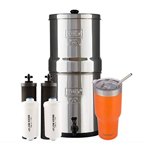 Big Berkey Water Filter System with 2 Black Purifier Filters (2 Gallons) Bundled with 1 Set of Fluoride (PF2) Filters and 1 Boroux Double Walled 30 oz Stainless Steel Tumbler Cup