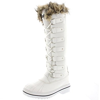 Womens Lace Up Rubber Sole Knee High Winter Snow Rain Shoe Boots