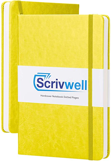 Scrivwell Dotted A5 Hardcover Notebook - 208 Dotted Pages with Elastic Band, Two Ribbon Page Markers, 120 GSM Paper, Pocket Folder - Great for Bullet journaling - Yellow