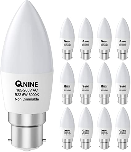 QNINE 12 Pack Cool White LED Candle Bulb Bayonet, 6W (60W Equivalent), B22 Light Bulb, 6000K, Non-Dimmable
