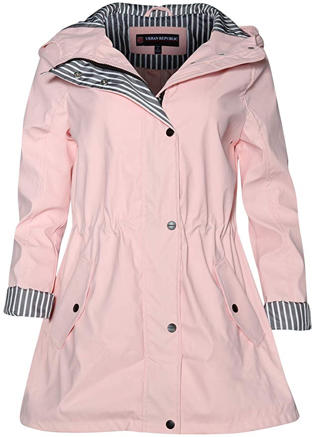 Urban Republic Women’s Lightweight Hooded Raincoat Jacket with Cinched Waist