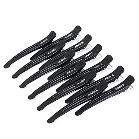 AIMIKE 12pcs Professional Hair Clips for Styling Sectioning, Non Slip No-Trace Duck Billed Hair Clips with Silicone Band, Salon and Home Hair Cutting Clips for Hairdresser, Women, Men - Black 4.3” Long