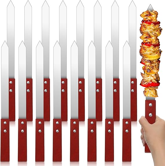 16 Pcs Heavy Duty Kabob Skewers 1 Inch Wide 2mm Thin Kabob Skewers BBQ Skewers Stainless Steel Metal Skewers for Grilling with Wooden Handles, Silver (17 Inch Long)