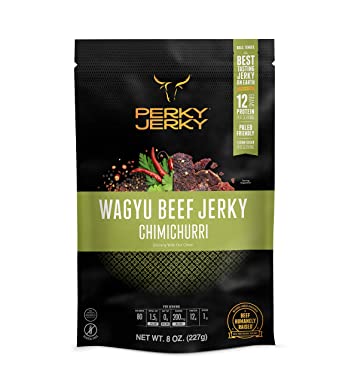 Perky Jerky Chimichurri Wagyu Beef Jerky, 8oz - Antibiotic Free - 12g Protein - Keto Paleo - 100% U.S. Sourced - Handcrafted, Tender Texture, Bold Flavor