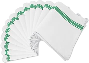 Aunti Em's Kitchen Dish Towels Set (13 Pack) Natural Cotton Fabric for Embroidery - Zero-Lint Cloth for Drying Glasses, Plates, Hand - 25.5 x 15.5 Inch - White with Green Colored Stripes