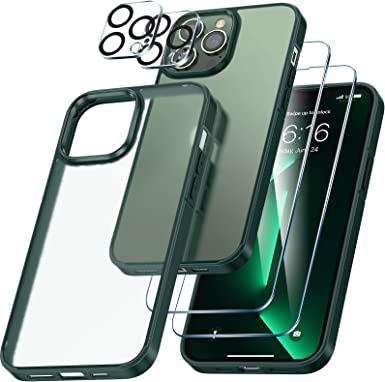 [5-in-1] LK for iPhone 13 Pro Case, 2 Pack Tempered Glass Screen Protector 2 Packs Lens Protector,Matte-Finish, All-Round Protection, Shockproof, Anti-Scratches Kit for iPhone 13 Pro case