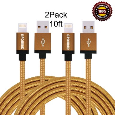 E-POWIND 2pcs 10FT 8Pin Lightning Cable Nylon Braided Extremely Extra Long Charging Cable USB Cord for iphone 6s, 6s plus, 6plus, 6, SE,5s 5c 5,iPad Mini, Air,iPad5,iPod on iOS9.(light brown).