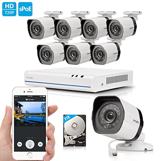 Zmodo 720p 8 Channel NVR System 8 x 1.0 Megapixel HD IP Home Video Security Cameras 2TB HDD