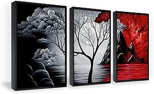 Wieco Art Black Framed Wall Art the Cloud Tree Wall Art HD print of Oil Paintings Landscape Canvas Prints for Home Decorations 3 Panels