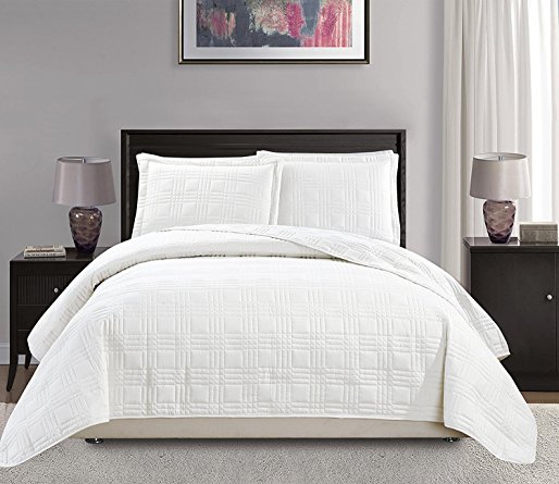 Mk Collection Full/Queen over size 100"x106" 3 pc Geo Bedspread Bed-cover Quilted Embroidery solid White New