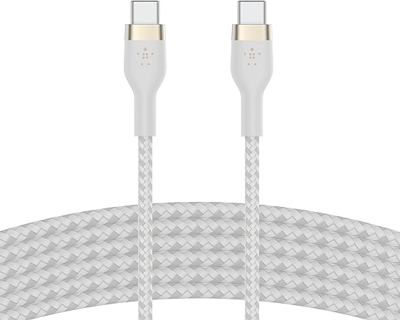 Belkin BoostCharge Pro Flex Braided USB C charger cable, USB-IF certified Power Delivery PD type C fast charging cable for iPhone 15, Samsung Galaxy S24, MacBook Pro, iPad, Pixel and more – 3m, white