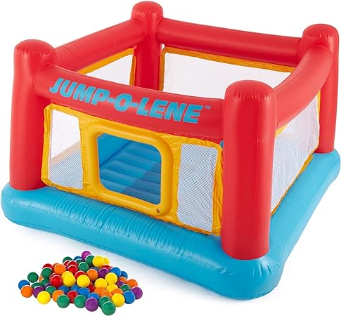 Intex Inflatable Jump-O-Lene Trampoline Bounce House with Crawl-Thru Door & Small Plastic Multi-Colored Fun Ballz for Ball Pit, 100 Pack