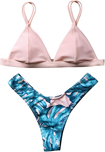 MOSHENGQI Women 2 Piece Brazilian Top V Style Bottom Bikini Set Spaghetti Strap Swimsuit