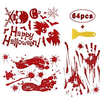 Hacosoon Halloween Decoration Horror Bloody Handprint Footprint Clings Decals Vampire Zombie Decals Window Floor Decorations Supplies Clings（64PCS） Gift One Plastic Scraper