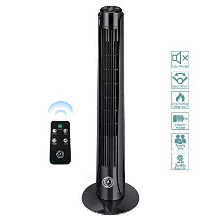 Ecolighters 36" Tower Fan With Remote Control - Oscillation, Portable Fan, Power Full 3-speed, 7,5 Hours Timer, Strong 50W Copper Motor,Batteries INCLUDED