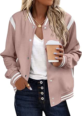 Zeagoo Bomber Jacket Women Varsity Casual Striped Button Down Lightweight Short Outwear Tops with Pockets