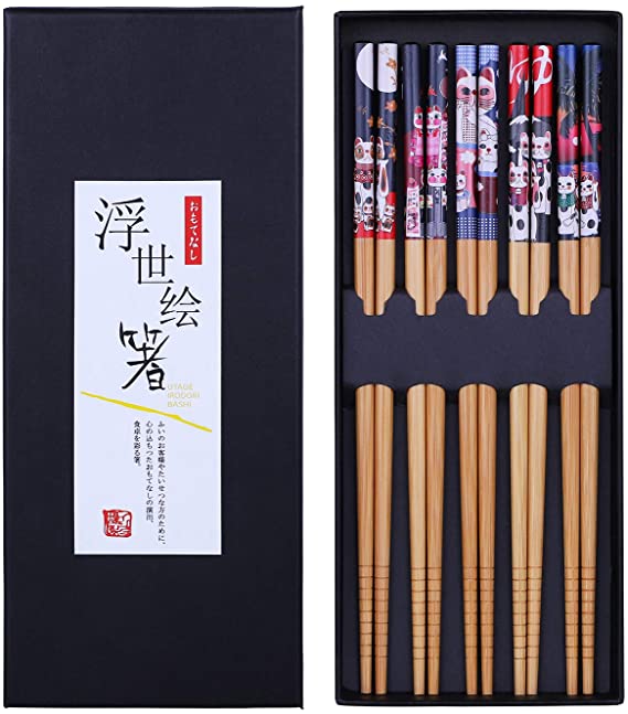 Antner 5 Pairs Natural Bamboo Chopsticks Reusable Chopsticks Japanese Chopstick Gift Set, 8.8 inch