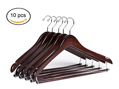 Quality Hangers Wooden Hangers Beautiful Sturdy Suit Coat Hangers with Locking Bar Chrome Hooks (10)