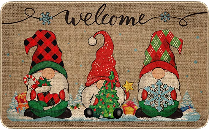 Christmas Decorative Doormat Xmas Welcome Christmas Gnome Tomte Mat Non Slip and Washable Winter Doormat Rubber Back Santa Snowflakes Door Mat for Indoor Outdoor, 28 x 17 Inch