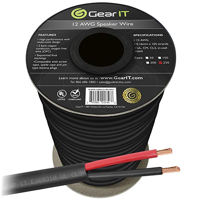 12 AWG CL3 OFC Outdoor Speaker Wire, GearIT Pro Series 12 Gauge (250 Feet / 76.2 Meters/Black) Oxygen Free Copper UL CL3 Rated for Outdoor Direct Burial and in-Wall Installation Speaker Cable