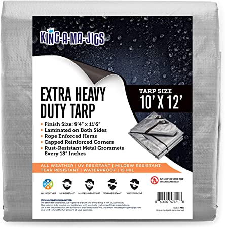 10x12 Super Heavy Duty Tarp, Extra Thick 15 Mil Waterproof Plastic Poly Tarpaulin with Metal Grommets Every 18 Inches - for Roof, Outdoor, Patio. Rain or Sun (Reversible, Silver and Black) (10x12)