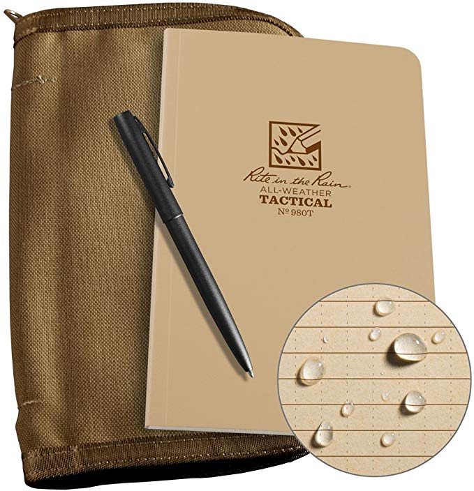 Rite In The Rain Weatherproof Tactical Field Kit: Tan Cordura Fabric Cover, 4 5/8" x 7 1/4" Tan Tactical Notebook, and Weatherproof Pen (No. 980T-KIT)