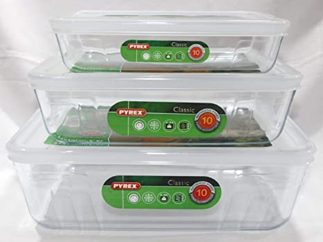 Pyrex, Set of 3 Pyrex Dishes with Plastic lids Free UK Postage. Sizes - 19cm - 22cm - 25cm