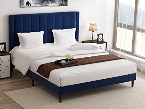 Allewie Queen Size Platform Bed Frame with Plush Velvet Upholstered Headboard and Strong Wooden Slats, Fully Upholstered Mattress Foundation/Box Spring Optional/Easy Assembly, Blue